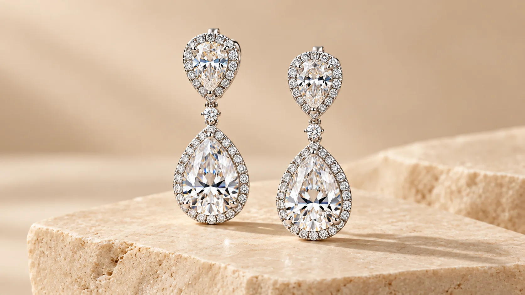 Pear-shaped diamond drop earrings retouched with enhanced sparkle on beige backdrop
