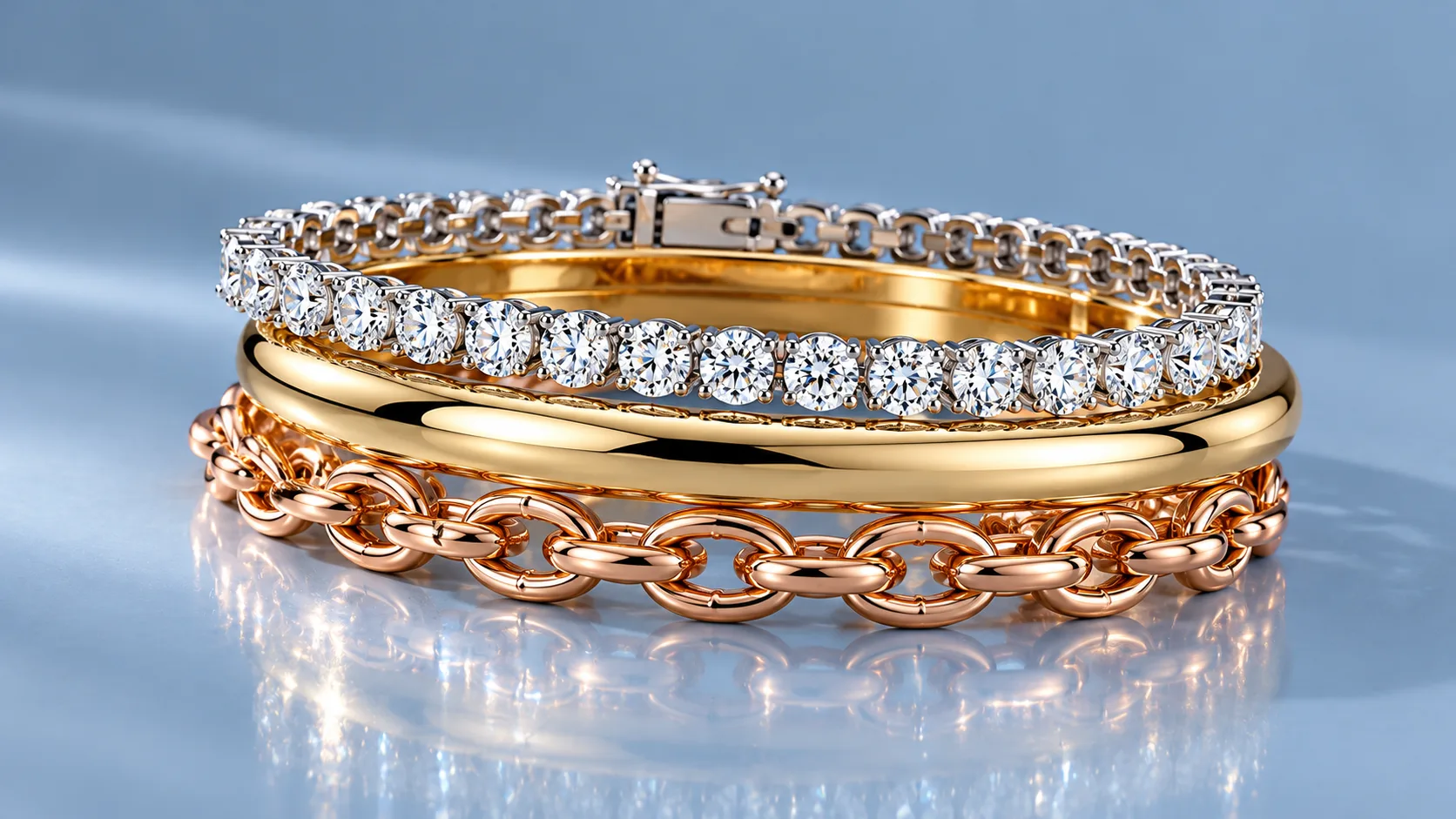 Diamond tennis bracelet and gold bangle stack, professional jewelry photo editing