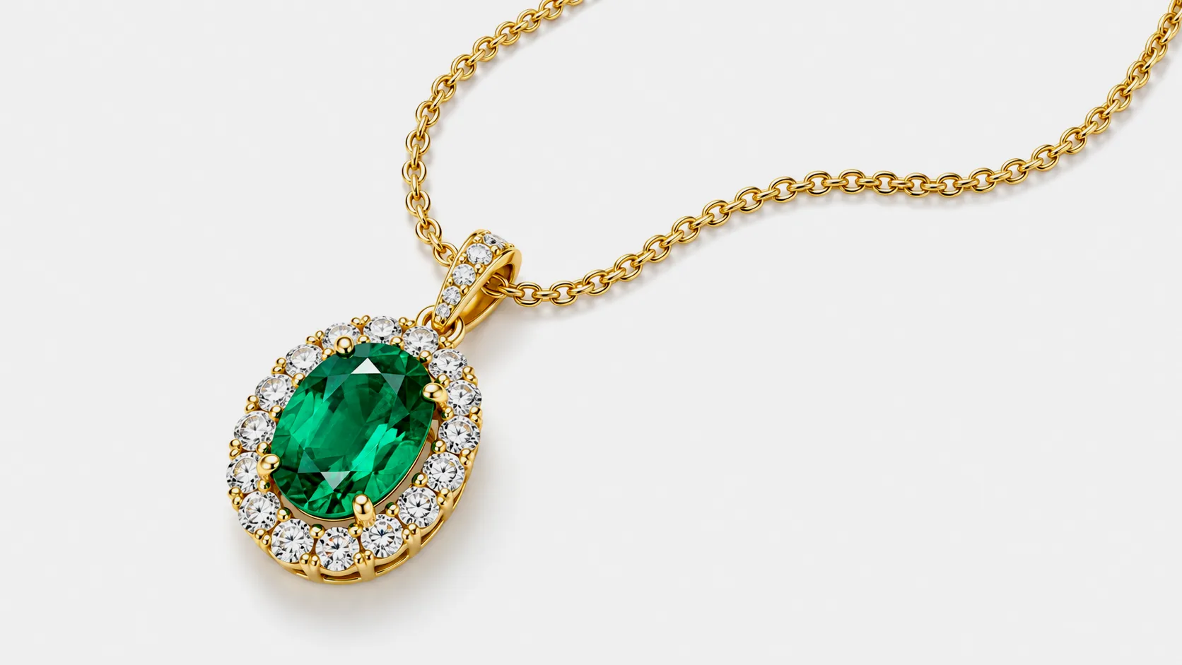 Gold emerald pendant necklace with clean white background, jewelry photo retouching