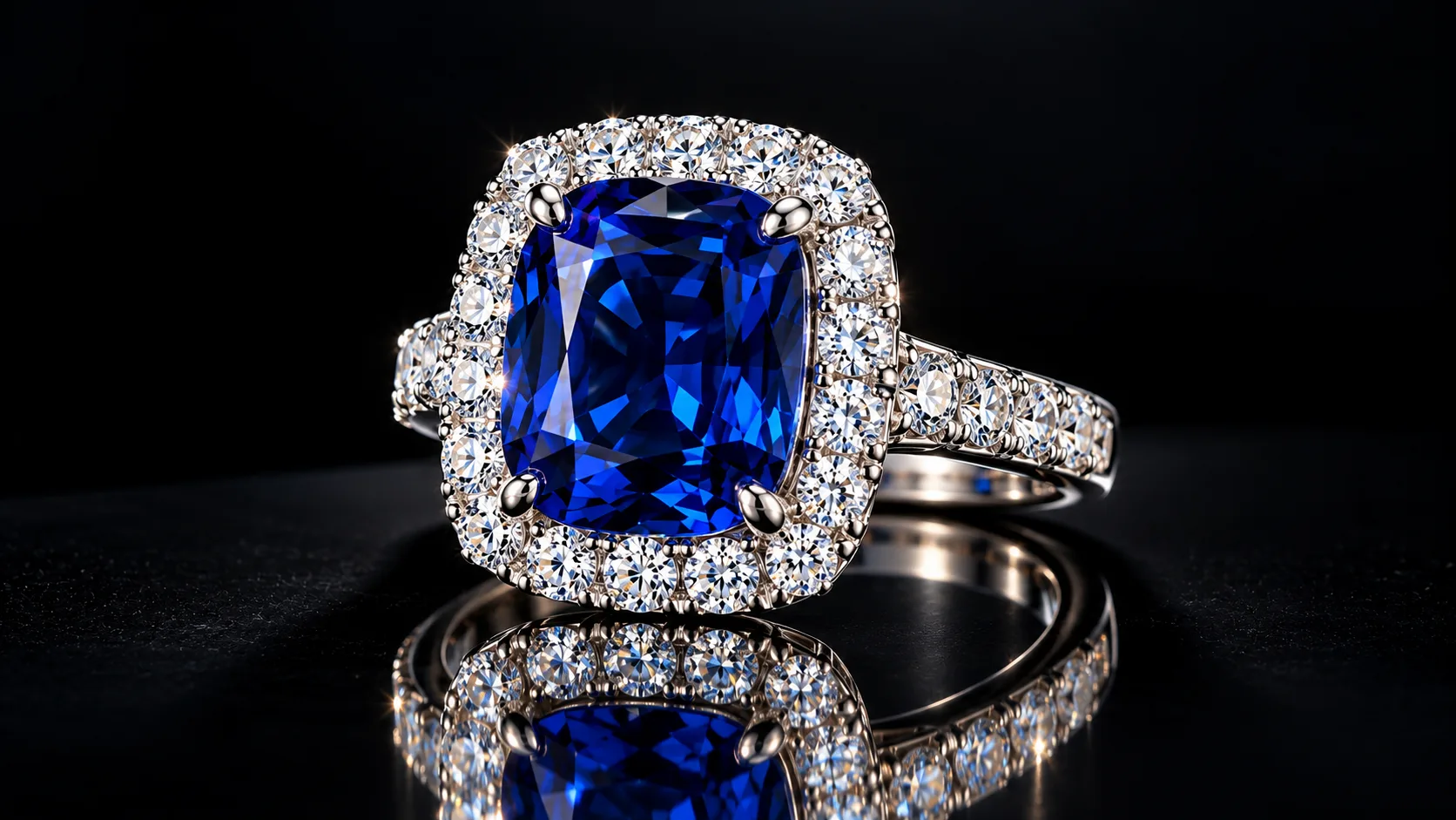 Sapphire and diamond cocktail ring with gem enhancement on black background