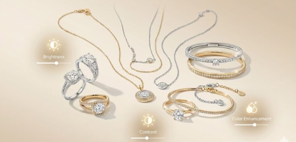 Gold and silver jewelry on beige background with brightness, contrast, and color enhancement photo editing slider icons.