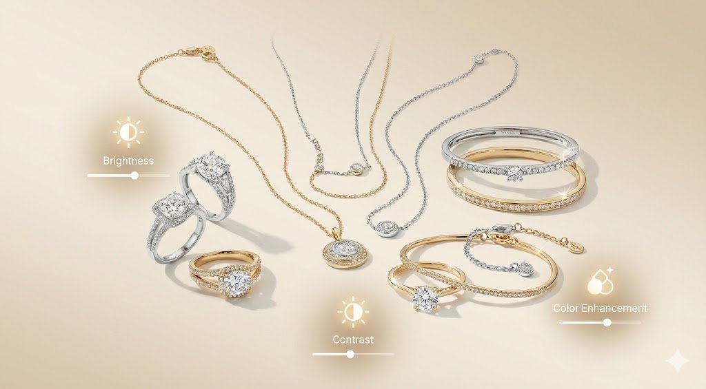 Gold and silver jewelry on beige background with brightness, contrast, and color enhancement photo editing slider icons.